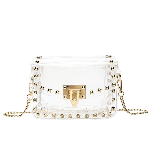 SharPlus Clear Crossbody Purse Bag Stadium Approved with Studded Rivet for Women, Clear PVC Handbag for Concert & Game Day (Gold)