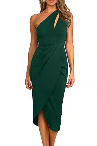 PRETTYGARDEN Women's One Shoulder Ruched Bodycon Dress Summer Cutout Slit Wrap Party Cocktail Midi Dresses (Green,Large)