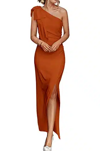 PRETTYGARDEN Women's Summer One Shoulder Long Formal Dresses Sleeveless Ruched Bodycon Wedding Guest Slit Maxi Dress (Brown,Medium)