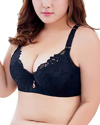 ESETAY Plunge Push up Bra for Women DD Plus Size Lace Oversized No Side Effects Full Coverage Underwire Bra Black