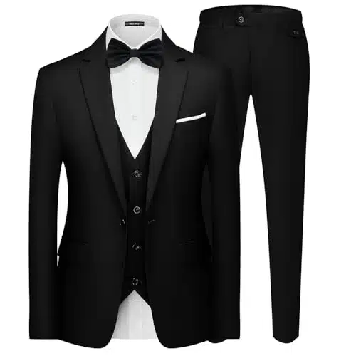 MAGE MALE Men's Pieces Suit Elegant Solid One Button Slim Fit Single Breasted Party Blazer Vest Pants Set. Black