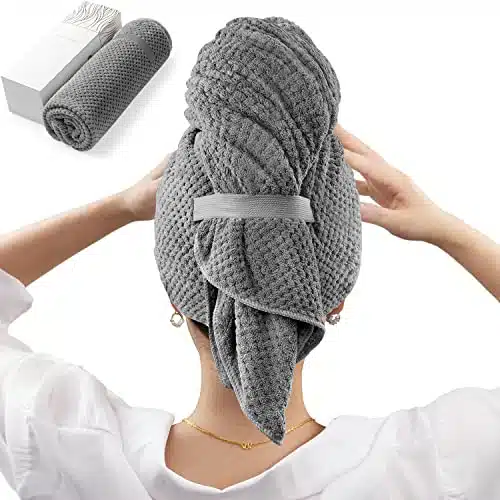 YFONG Microfiber Hair Towel Wrap for Women   Fast Drying Turbans for Long, Thick, Curly Hair   Super Soft Hair Wrap Towels with Elastic Strap, Dark Gray