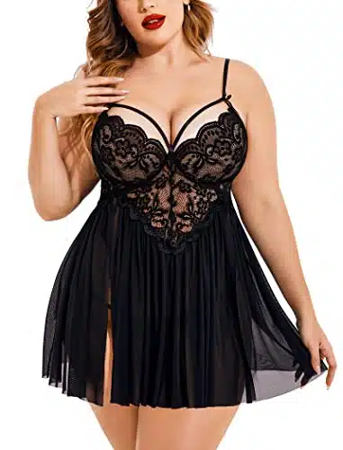 Avidlove Womens Plus Size Lingerie Lace Babydoll Strap Chemise Nightwear V Neck Sleepwear Side Slit Nighties Black