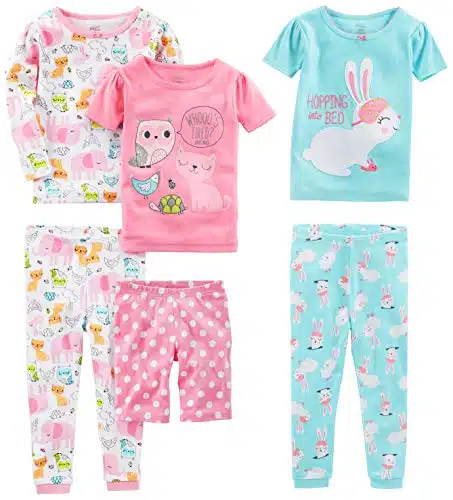 Simple Joys by Carter's Girls' Piece Snug Fit Cotton Pajama Set, Blue BunnyPink DotsWhite Forest Animals, T