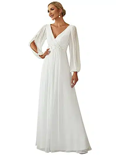 Ever Pretty Women's V Neck Long Sleeves Floor Length Ruched Chiffon Formal Dress Cream