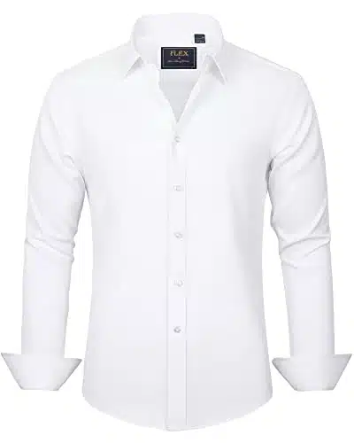 J.VER Men's Dress Shirts Solid Long Sleeve Stretch Wrinkle Free Shirt Regular Fit Casual Button Down Shirts White Medium