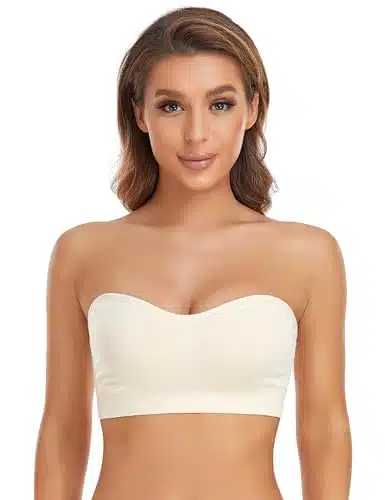 Lusait Strapless Bra for Women Non Slip Silicone Padded Bandeau Bra Wireless Tube Top Bra Beige M