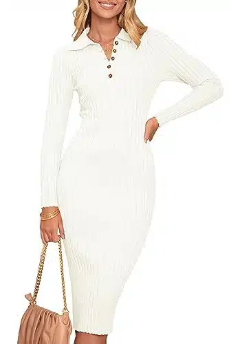 MEROKEETY Womens V Neck Ribbed Sweater Dress Long Sleeve Bodycon Knit Midi Dresses Beige S