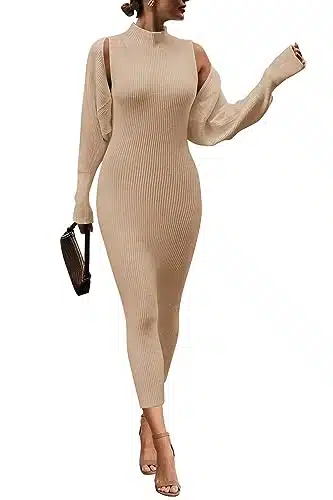 PRETTYGARDEN Womens Fall Piece Outfits Bodycon Maxi Tank Pullover Sweater Dress And Long Sleeve Cropped Cardigan Knit Sets (Beige,Large)