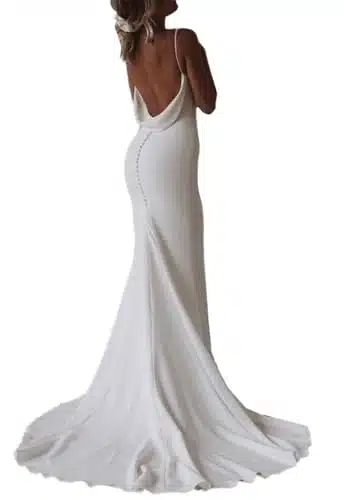 Women's Simple Boho V Neck Wedding Dresses Sleeveless Beach Wedding Dresses for Bride Spaghetti Straps Mermaid Satin Beach Bridal Gown with Train hite