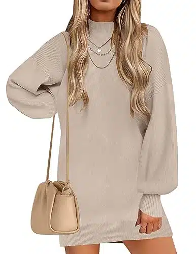 ZESICA Women's Fall Turtleneck Sweaters Dress Oversized Long Lantern Sleeve Casual Knit Pullover Short Dresses,Almond,Small