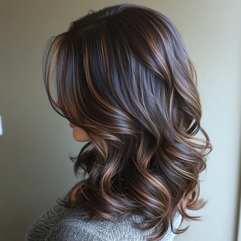 dark brown hair with highlights